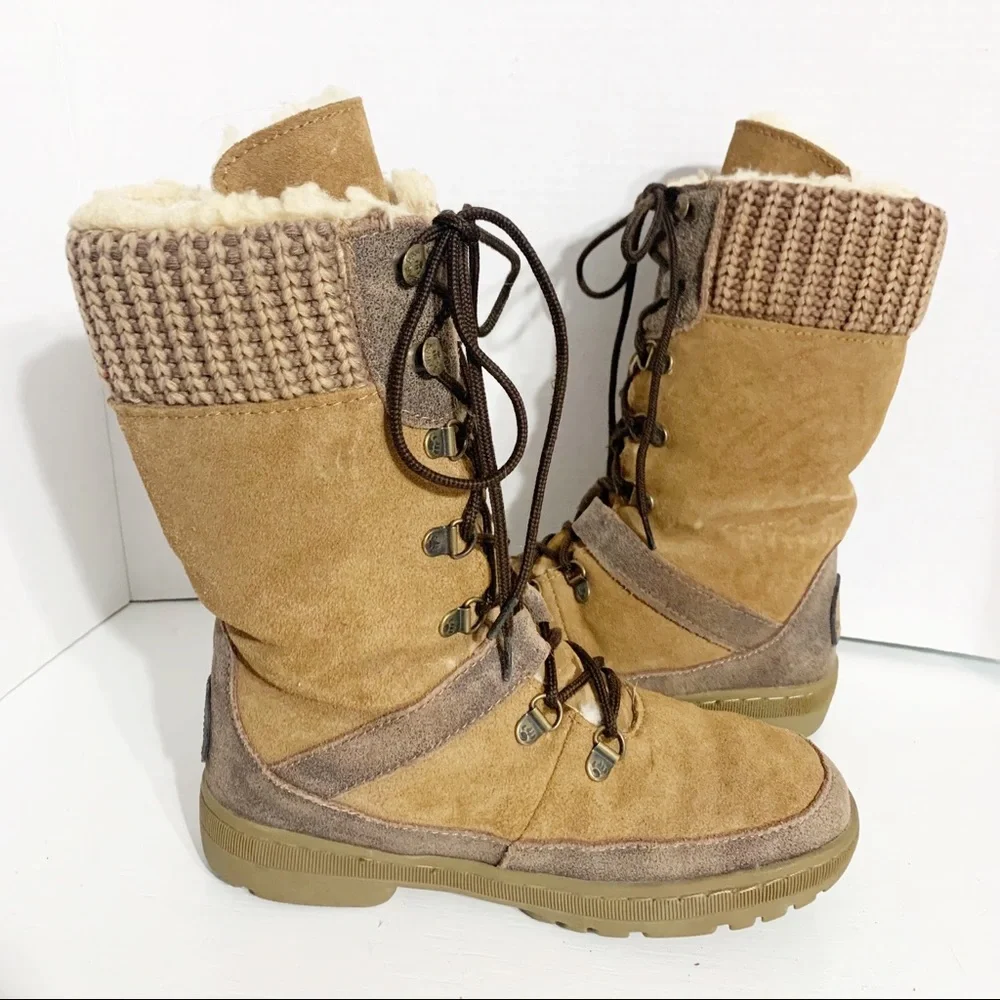 BEARPAW Serena Suede Boots Size 6 Lace-Up Wool Blend Lining, Knit Collar 1813W